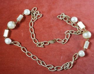 Vintage Designer Signed Miriam Haskell 30 " Gold Tone Faux Pearl Necklace