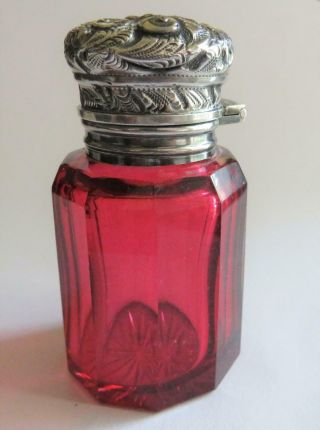 Antique English Cranberry Red Sterling Cut Glass Chatelaine Perfume Scent Bottle