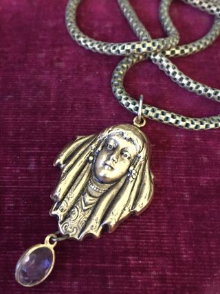 Vintage Jewellery Art Nouveau Lady Pendant And Snake Chain