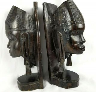 Vintage Carved Wooden African Decor Shelf Bookends Wood Head Figures Set 10 In