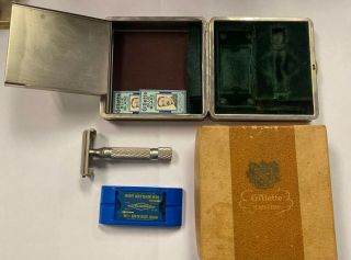 1950 Vintage Gillette Executive Safety Razor w/ Case,  Box,  & Blades 2