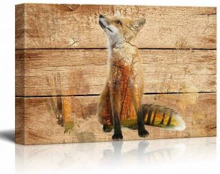 Wall26 - Canvas Wall Art - Fox In The Wild On Vintage Wood Background