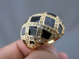 Vintage St.  John Gold Tone Basket Black Diamond Enamel Rhinestone Dome Ring