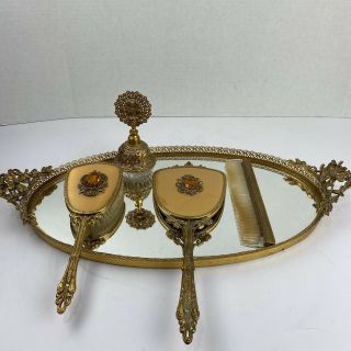 Vintage Globe Vanity Set Brush,  Mirror,  Tray And More.  24k Gold Plated Floral