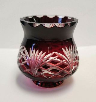 Vntg Czech Bohemian Ruby Cranberry Red Cut To Clear Crystal Candle Holder 3.  5 "