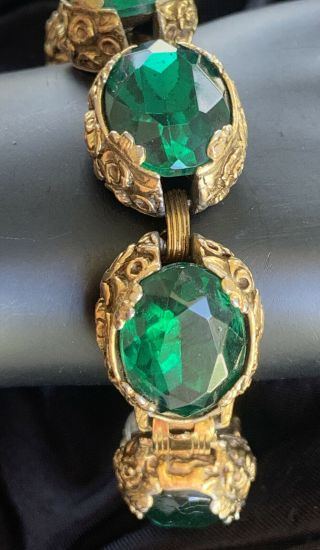 Vintage Estate Chunky Emerald Green Rhinestone Bracelet Gold Tone