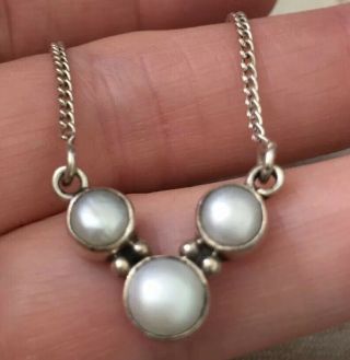Vintage Jewellery Sterling Silver And Real Pearl Cabochon Pendant Necklace