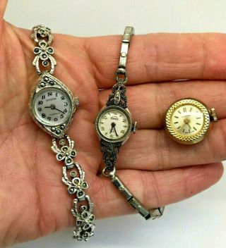 Vintage 2 X Ladies Marcasite Wristwatch & 1 Cufflink Watch As Found