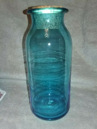 Vintage Antique Hand Blown Blue Glass Bottle W/cork Stopper & Swirled Rim
