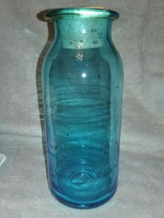 Vintage Antique Hand Blown Blue Glass Bottle w/Cork Stopper & Swirled Rim 2