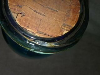 Vintage Antique Hand Blown Blue Glass Bottle w/Cork Stopper & Swirled Rim 3