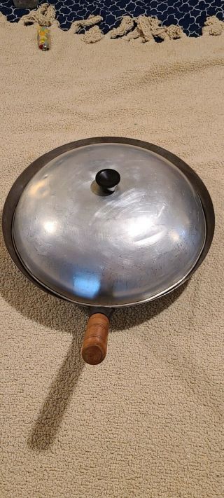 Vintage Steel Wok 14 " Wood Handle Round Bottom Pan,  Lid And Bottom Piece