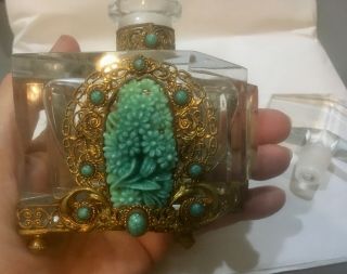 Vintage Art Deco Czech Crystal Jeweled Perfume Bottle Faux Carved Jade 5.  5 "