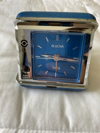 Vintage Bulova Quartz Litealarm Travel Alarm Clock - Blue Case.