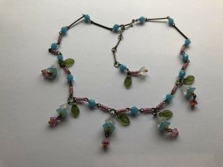 Vintage Art Deco Style Necklace Pink Blue White Green Czech Glass Flower Beads