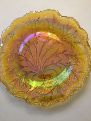 Vntg Amber “tree Of Life”carnival Art Glass Servingware Ornate Plate,  Scalloped,