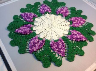Vintage Crochet Doily Grape Bunches Purple Green Cream
