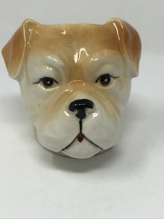 Vintage Ceramic Boxer Dog Planter 4” Tall Tan & White Hand Painted