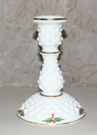 Vintage Hand Painted Fenton Hobnail Milk Glass Taper Candle Holder Holly 6” Tall