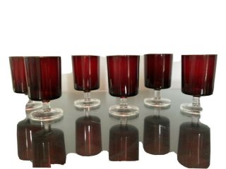 Vintage Arcoroc France Ruby Red Juice/cordial (6) Glasses With Clear Stem