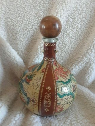 Vintage Glass Wine Decanter Wrapped In Old World Map With Leather Accents
