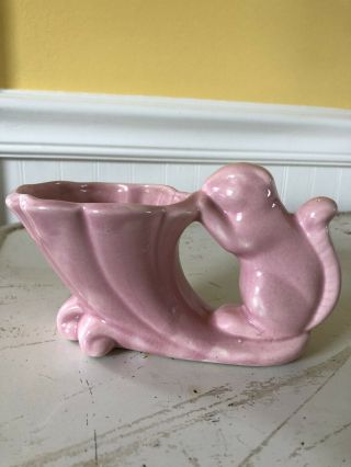 Vintage Pink Squirrel Planter Cornucopia Pottery Vase Woodlands Nursery Decor