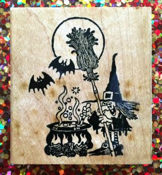 Vintage Rubber Stamp " Witches Brew W/ Bats " Stamp Of Excellence 2 1/2 X 2 1/4 "
