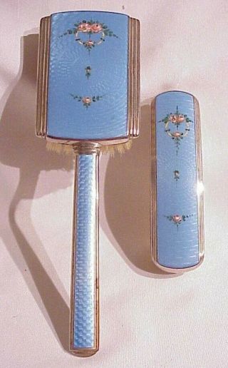 Antique Art Deco Pastel Blue Guilloche Enamel Pink Roses Hair And Clothes Brush