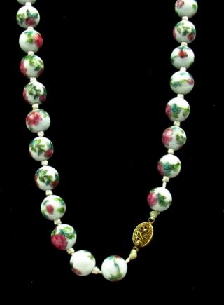 Vintage Rose Art Glass Enamel Necklace Beads Hand - Knotted Hand Painted