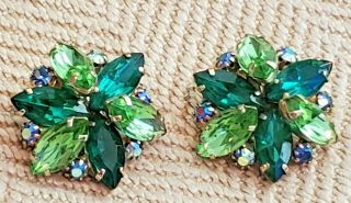 1 " - - Vintage Green Rhinestone & Aurora Borealis Gold Tone Clip On Earrings