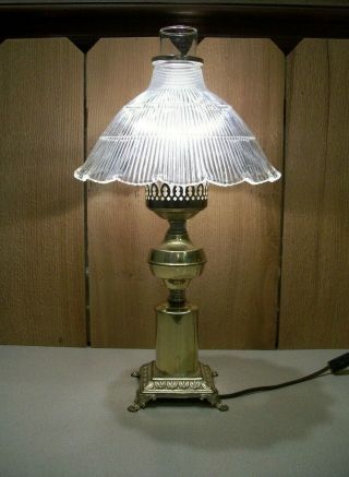Vintage Brass Metal Candlestick Style Table Lamp Ribbed Glass Shade Chimney