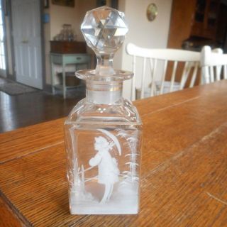 Antique Mary Gregory Cut Glass Perfume Bottle Jar - Woman W/ Umbrella - Org.  Stopper