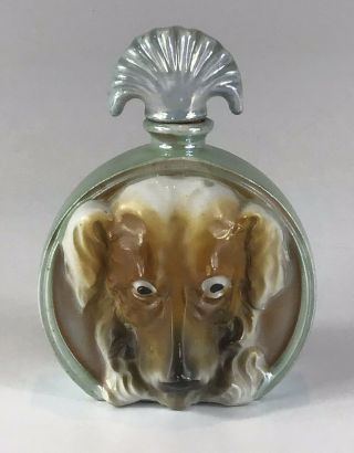 Vintage Lusterware Perfume / Cologne Bottle Figural Dog Face W/stopper Green