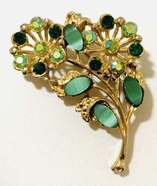 Vintage Gold Tone Green Aurora Borealis Crystal & Lucite Flower Brooch