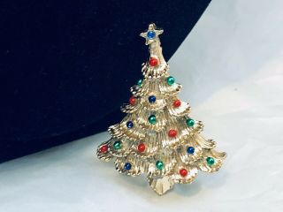 Vtg.  Gerry’s Green & Blue Enamel Gold Tone Christmas Tree Brooch