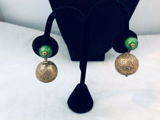 Vtg.  Crown Trifari Green & Drizzled Gold Tone Dangle Clip On Earrings