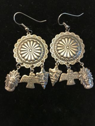 Vintage Native American Navajo Sterling Silver Concho Dangle Earrings