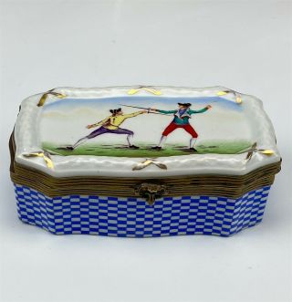 Vintage French Sevres Style Hand Painted Fencing Porcelain Trinket Box Nr Kpb