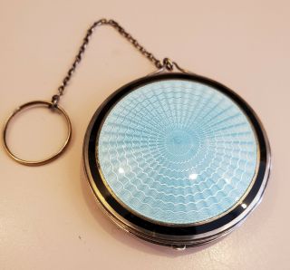 1920s Sterling F&b Blue,  Black Guilloche Enamel Powder Rouge Compact On Chain