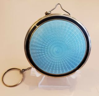 1920s sterling F&B blue,  black guilloche enamel powder rouge compact on chain 2