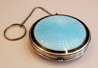 1920s sterling F&B blue,  black guilloche enamel powder rouge compact on chain 3