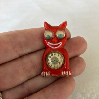 Antique Vintage Red Celluloid Felix The Cat Googly Eye Clock Pin Rare