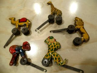 5 Vintage Tin Litho Toy Circus Train Parts Clown Monkey Lion Camel Giraffe
