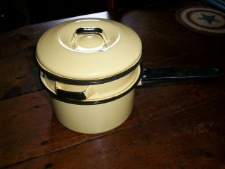 Vintage Yellow & Black Enamel Double Boiler Pot Pan With Lid