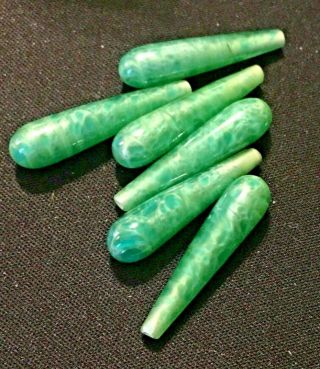 6 Vintage Green Speckled Glass Half 1/2 Drill Bead Drop Jade Green 1 1/8 " Long