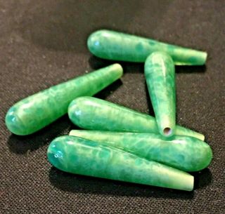 6 Vintage Green Speckled Glass Half 1/2 Drill Bead Drop Jade Green 1 1/8 
