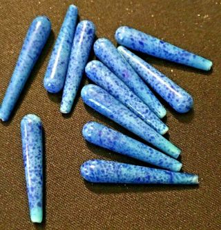 11 Vintage Blue Speckled Glass Half 1/2 Drill Bead Drop Jade Green 1 1/8 " Long