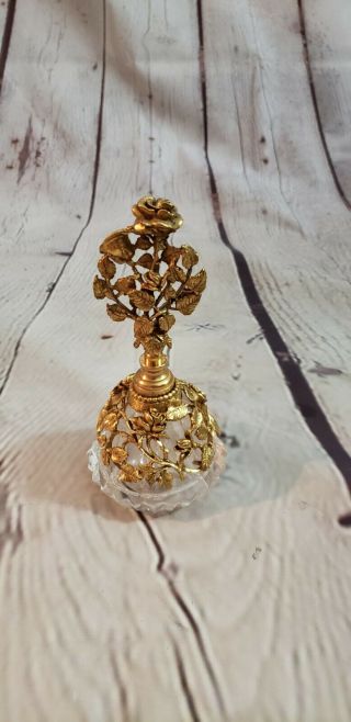 Vintage Matson Ormolu Perfume Bottle With Dauber Gold Roses Hollywood Regency