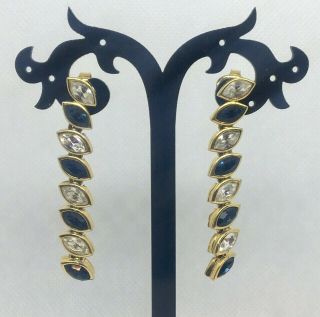 Vintage Nina Ricci Gold Tone Crystal Blue & Clear Drop Dangle Clip On Earrings