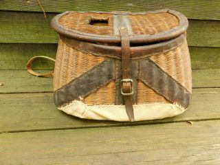 Vintage Fishing Creel With Wicker & Leather Trim Shoulder Strap Attached